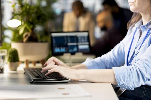 Woman analyst reviewing company data to create a new strategy and plan an expansion, handling resource allocation and effective business operations. Expert does financial forecasting. photo