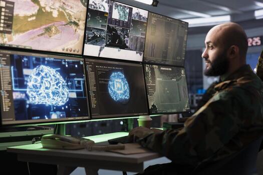 Army software developer employing AI technology in military planning and decision making processes. IT specialist uses artificial intelligence to enhance combat operational capabilities photo