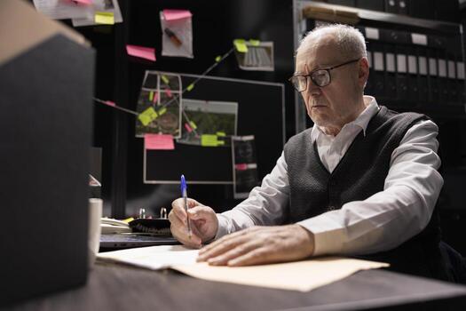Senior criminologist takes notes after analyzing forensic evidence, studying fingerprints and records while arranging case files on a mystery board to expose illegal activity. Expert detective work. photo
