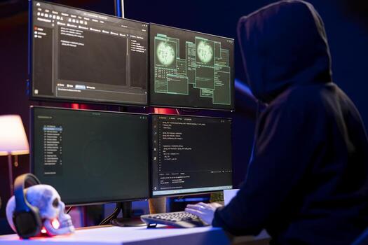 Hooded hacker in underground HQ coding malware designed to exploit network backdoors, Rogue programmer bypassing security measures such as logins and password protections photo