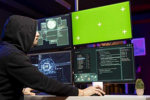 Hacker in secret lair using AI on green screen mockup PC to break into secure computer systems. Rogue engineer uses deep learning on chroma key computer to attack weak spots in company networks photo