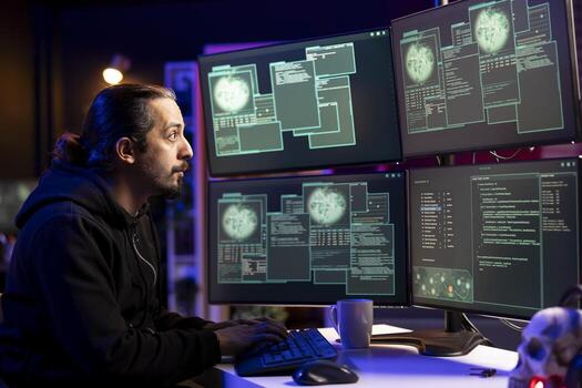 Hacker in secret hideout using PC to gain unauthorized network access, targeting unpatched connections. Rogue technician in hidden den bypassing security and exploit servers for stolen data profit photo