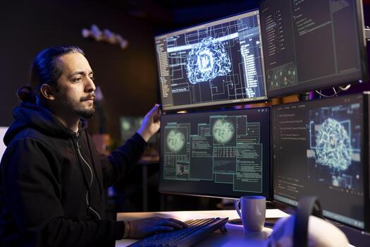 Hacker in apartment runs AI software to breach company security and open locked databases. Rogue technician in hidden lair doing cyber attacks, operating deep learning hacking photo