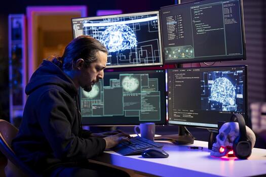 Hacker doing phishing attacks using artificial intelligence, tricking users into revealing credit card data. Man launching DDoS attacks using machine learning, flooding servers to crash websites photo