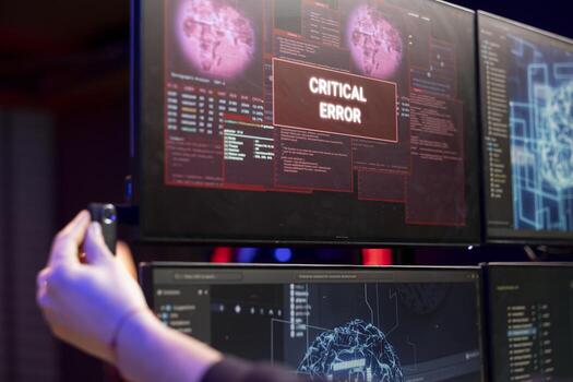 Hacker sees critical error popup on PC after inserting USB stick with malware to breach company servers. Evil man seeing failure alert message when inserting flash drive in computer photo