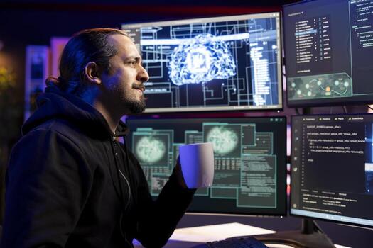 Smiling cybercriminal holding coffee mug coding on PC, trying to evade security with stealth malware. Evil man drinking beverage uses script hiding malicious code from detection systems photo