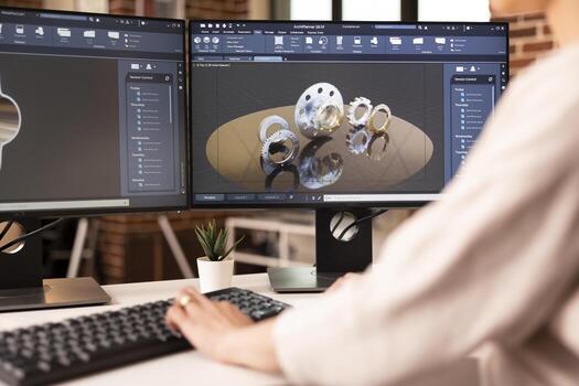 Close up of 3D metal component displayed in CAD software as female engineer focuses on technical planning. Brick wall apartment soft lighting, and structured interface support innovation and accuracy photo