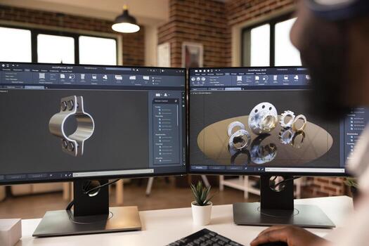 African american developer working in home studio with dual monitors and CAD tools. Male engineer develops metal components with 3D modeling software, visualizing industrial designs with precision. photo