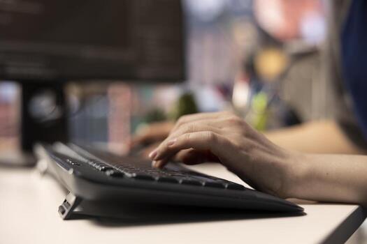 Software expert at workstation programming on pc and writing lines of code, using coding tools and a terminal window interface. Woman debugging software for web development. Close up. photo