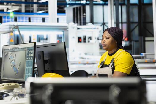 Engineer using computer setup to monitor solar panel plant assembly lines, troubleshooting photovoltaic system to ensure seamless production line. Automation for renewable energy. photo