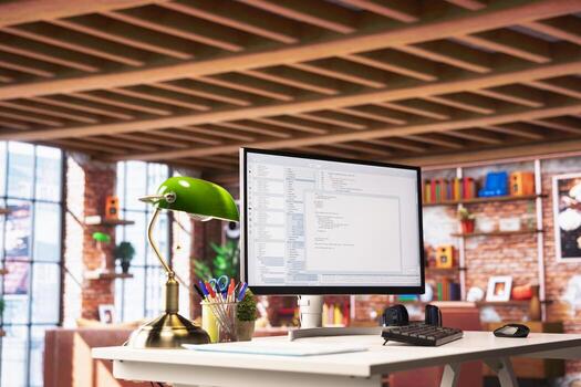 ui en ordenador personal pantalla en hogar oficina con programación código siendo ejecutado. codificación solicitud en computadora monitor usado por eso programador a escribir y prueba código en moderno Departamento foto