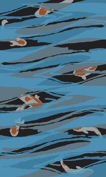 Japanese inspired pattern with hand drawn brush lines. Flowing water waves in blue tones with elegant koi fish, creating a tranquil artistic design. vector