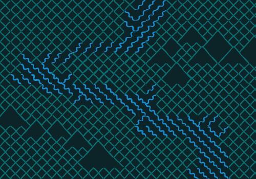 Japanese inspired map pattern with hand drawn brush lines. Abstract lattice grid, flowing river waves, and mountain motifs in dark teal and blue tones. vector