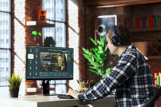 Man in home office uses artificial intelligence to generate compelling videos from basic text prompts. Person uses AI GPT generating clips using computer vision and natural language processing photo