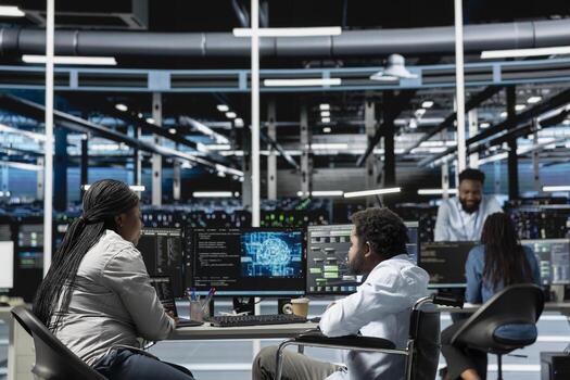 Developer with paraplegia and manager inspect neural network data center used for machine learning. Inclusive workplace worker and supervisor optimize server hub for artificial intelligence workloads photo