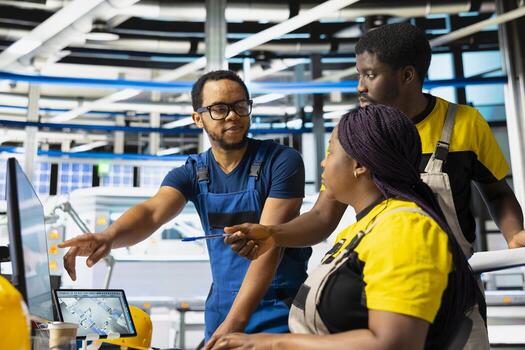 African american team of technicians doing quality control on pc, troubleshooting and fixing technical issues for solar panel production at high tech factory. Coworkers inspecting system. photo