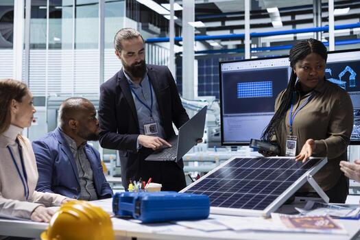 Scientists in solar technology lab doing research and development, experimenting with photovoltaic materials, focusing on increasing panel durability and efficiency for large scale solar farms photo