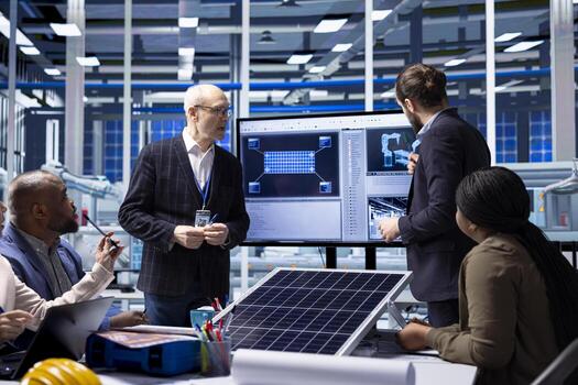 Factory executives discuss solar panel research and development strategies, analyzing prototypes and automation processes to enhance sustainable manufacturing and industrial innovation photo