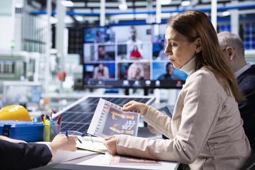 Factory admins look over schematics during call, brainstorming improvements for operational efficiency. Shareholders look over production plant lines blueprints in videoconference photo