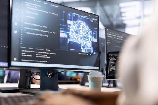 Close up of admin in AI server farm checking recovery plan, monitoring energy consumption. Neural networks expert in data center making sure rigs are functioning optimally photo