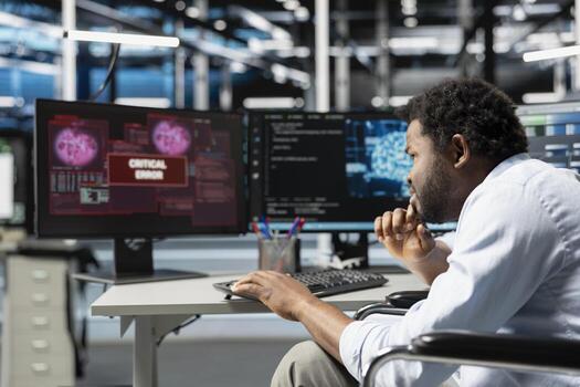 Data center admin troubled by error popup received while using artificial intelligence neural networks. Server room worker confused by glitch warning message while using AI to configure hardware photo