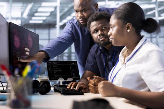 Cybersecurity colleagues monitoring security incidents affecting server farm rigs, alerted by security breach alert, doing teamwork to eliminate danger, protecting supercomputers photo