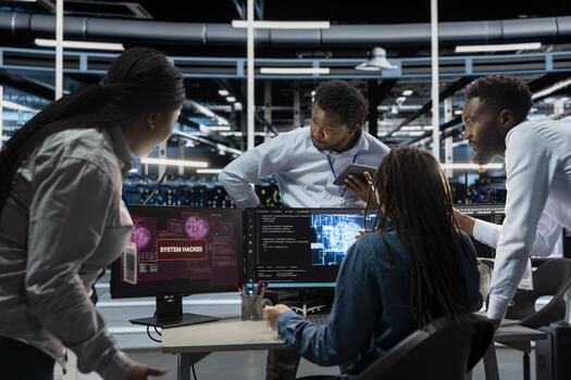 Engineering team in AI server hub work together to defend against hacker attack stealing sensitive data. Artificial intelligence data center teamworking colleagues fight virus during security breach photo