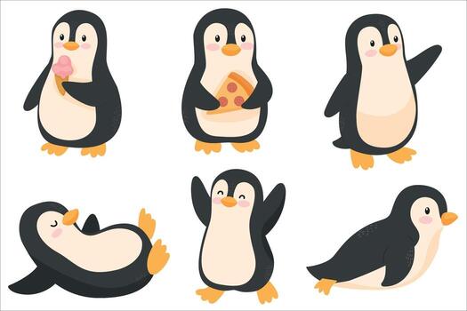 A collection of cute cartoon penguins engaging in various activities. Some are holding ice cream and pizza, while others are playing and relaxing. vector