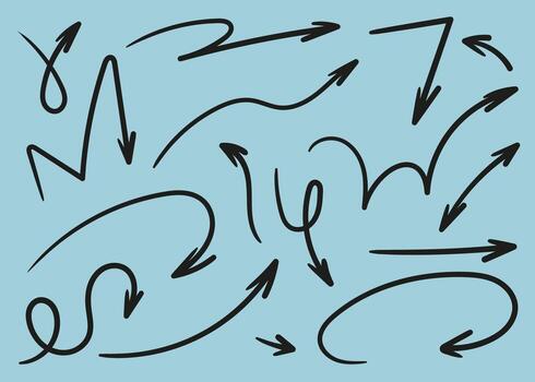 conjunto de sencillo mano dibujado negro flechas en varios estilos. garabatear flecha colección con curvo, derecho, zigzag y incompleto líneas. mínimo diseño elementos para dirección y navegación. vector