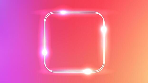 Neon double rounded square frame with shining effects on orange background. Empty glowing techno backdrop. illustration vector