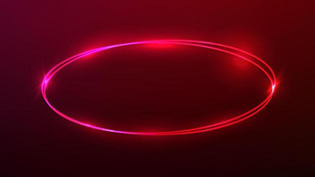Neon double oval frame with shining effects on dark red background. Empty glowing techno backdrop. illustration vector