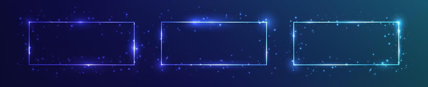 Set of three neon rectangular frames with shining effects and sparkles on dark blue background. Empty glowing techno backdrop. illustration vector