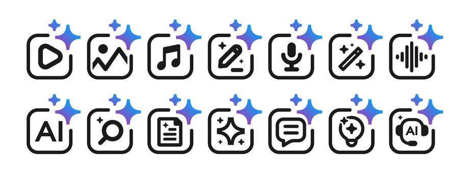 Generate Ai icon user interface set for create image, text, music. Artificial intelligence element for ui ux, apps, web design element vector