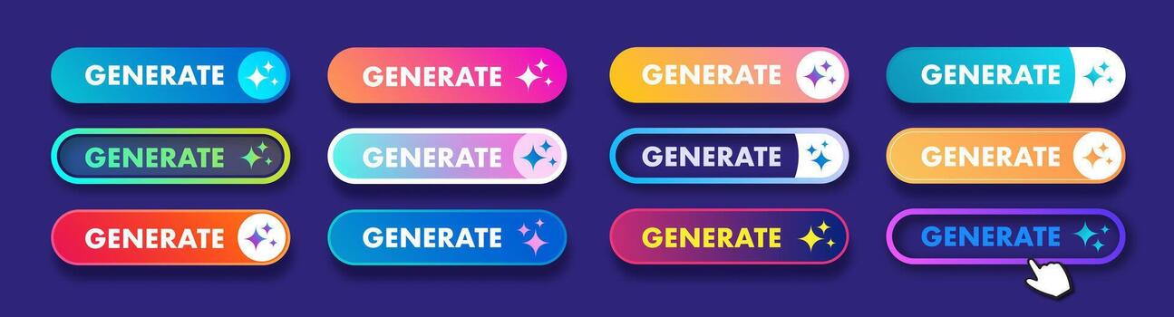 Generate AI buttons set user interface with sparkles. Artificial intelligence button trendy neumorphic style for ui ux element user interface, app, website vector