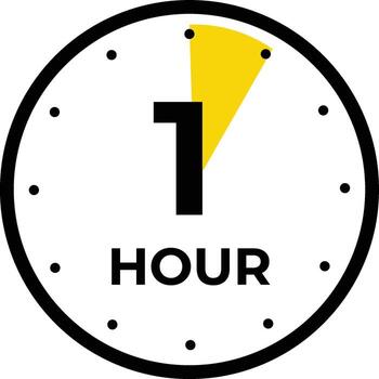 A minimalist clock icon representing a one-hour duration. It features the number 1 and the word HOUR with a yellow highlighted section on the clock face. vector