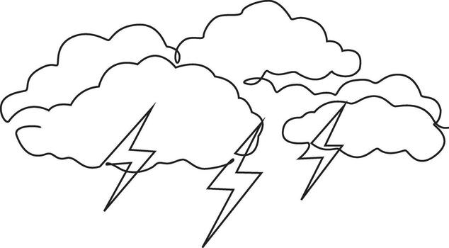 A continuous line drawing depicts cumulonimbus clouds with lightning bolts flashing through the sky, illustrating a thunderstorm. vector