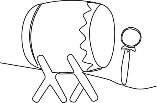 A minimalist continuous line art drawing of a traditional drum resting on a stand with a drumstick beside it, rendered in black and white. vector