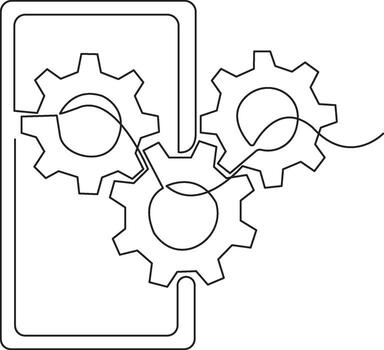 A continuous line drawing of gears and a phone, representing technology and progress. vector