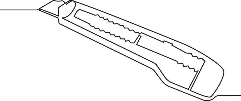 A continuous single-line drawing of a utility knife, also known as a box cutter. The minimalist black outline depicts the retractable blade and handle. vector