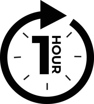 A black and white circular icon indicating a time limit of one hour, with an arrow showing progression. vector