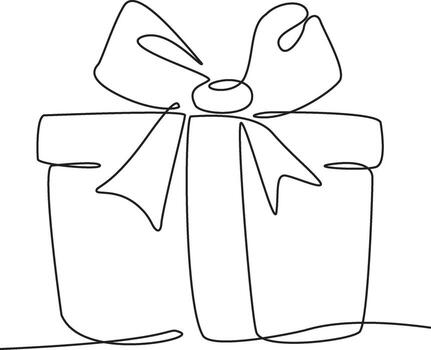 A continuous line drawing of a gift box with a ribbon and bow. vector