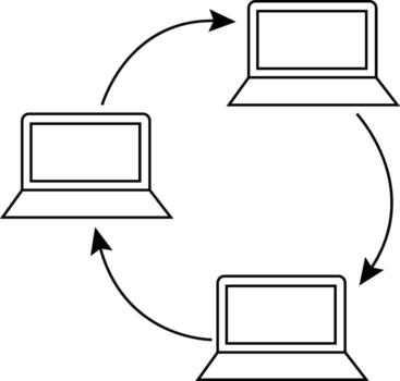 Three laptops are connected in a circular network, indicating data flow. vector