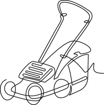 un continuo línea dibujo representa un cortacésped con un encargarse de y ruedas, exhibiendo sus diseño. vector