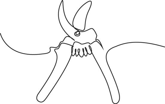 A continuous single-line drawing of garden pruning shears. The minimalist illustration depicts the secateurs in an open position on a white background. vector