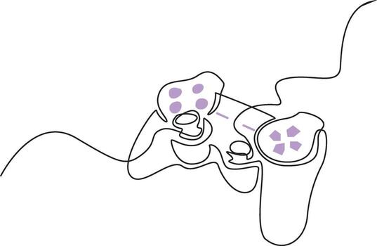 A minimalist continuous line drawing depicting a modern game controller with abstract purple shapes representing buttons or internal components, on a white background. vector