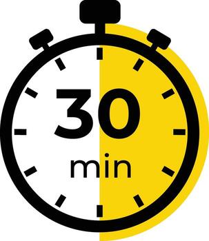 A graphic icon of a stopwatch displaying a 30-minute timer. The face is split vertically, half white and half yellow, with black markings and text. vector
