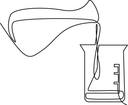 A minimalist, single-line drawing depicts a liquid being poured from a pitcher into a laboratory beaker, illustrating a scientific experiment or process. vector
