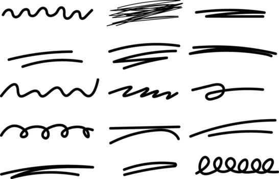 Hand drawn underline set marker brush strokes collection scribble doodle lines for text highlight black ink sketch dividers abstract graphic design elements. vector