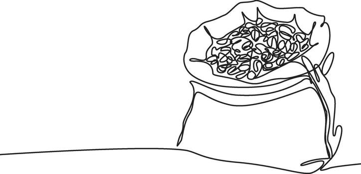 Continuous line drawing of an open burlap sack overflowing with roasted coffee beans, illustrating a minimalist and artistic representation of coffee production. vector