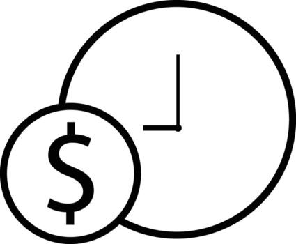 A black and white icon representing a dollar coin overlapping a clock face, symbolizing time and money. vector